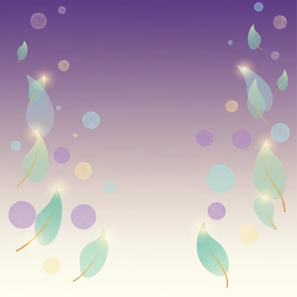 Abstract illustration of glowing botanical leaves and light orbs suggesting energy and vitality in violet tones