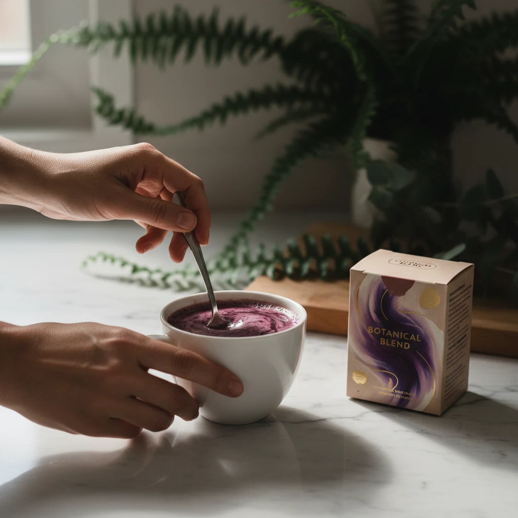 Hands stirring a dark coffee-coloured supplement drink in a white ceramic mug on a marble countertop, morning light